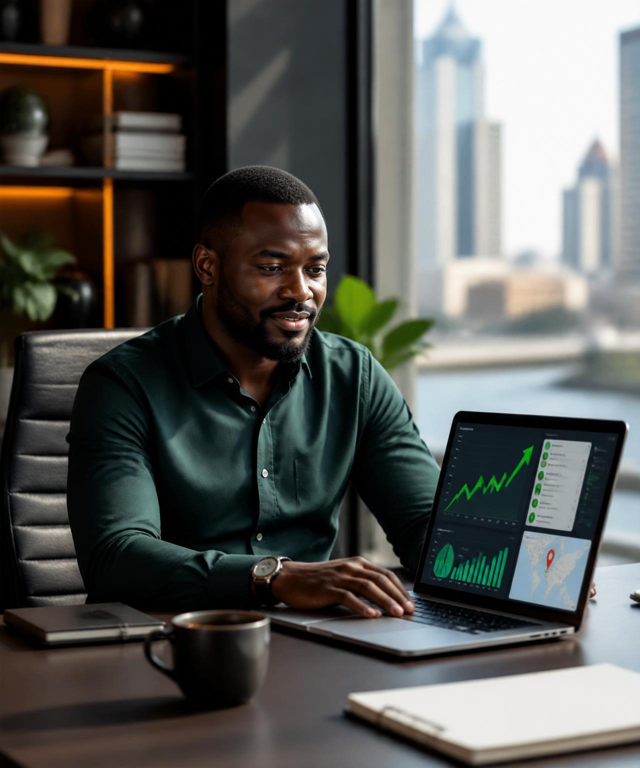 Lagos business owner reviewing a growth dashboard with sales charts